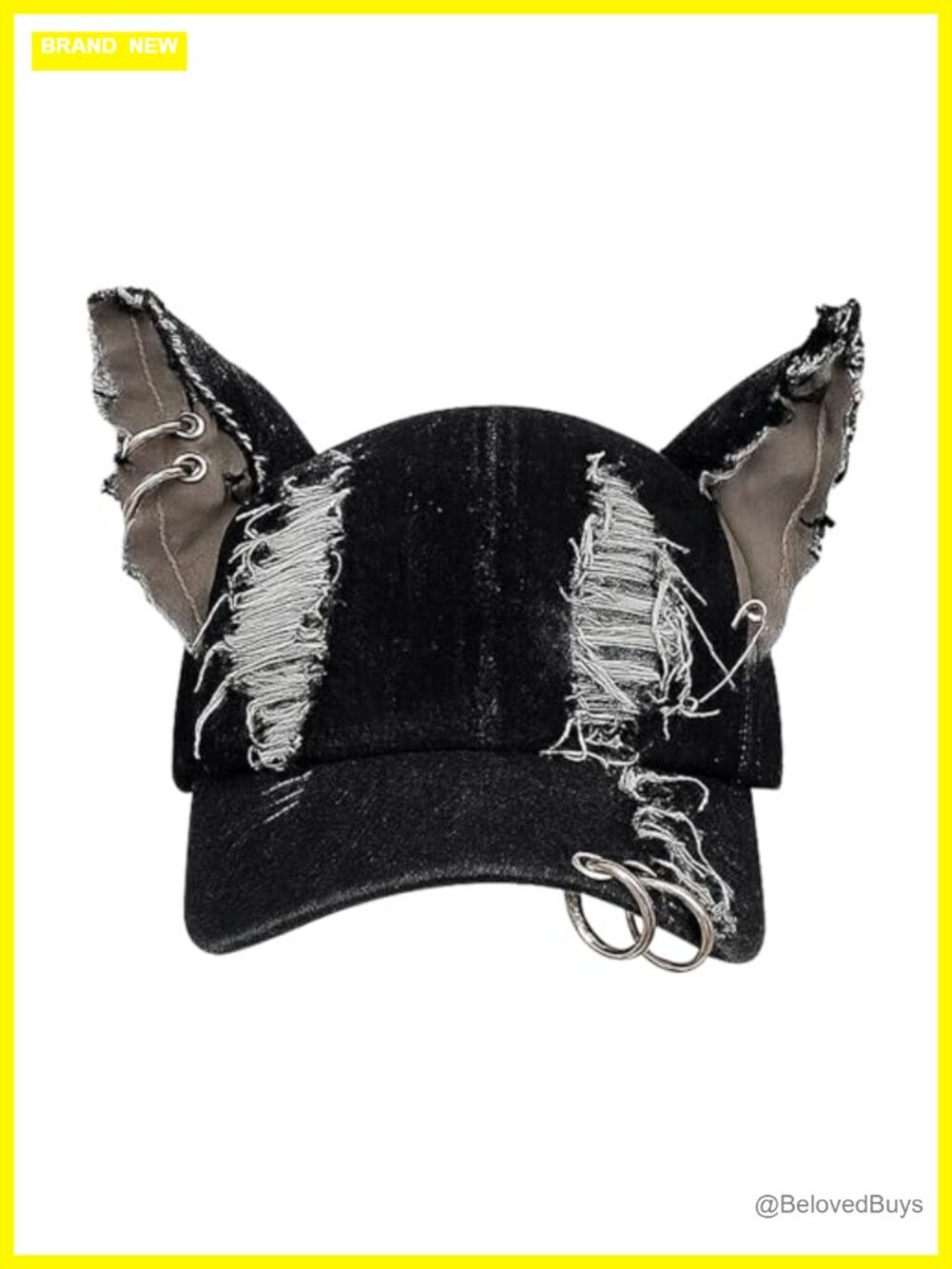 Y2K Grunge Denim Baseball Cap with Cat Ears and Chains Adjustable
